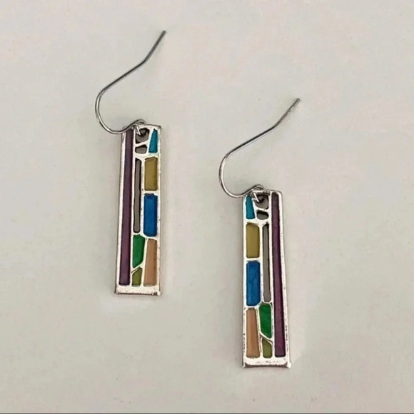 “Stained Glass” Style Abstract Silver Fashion Drop Earrings NWT - Picture 2 of 3